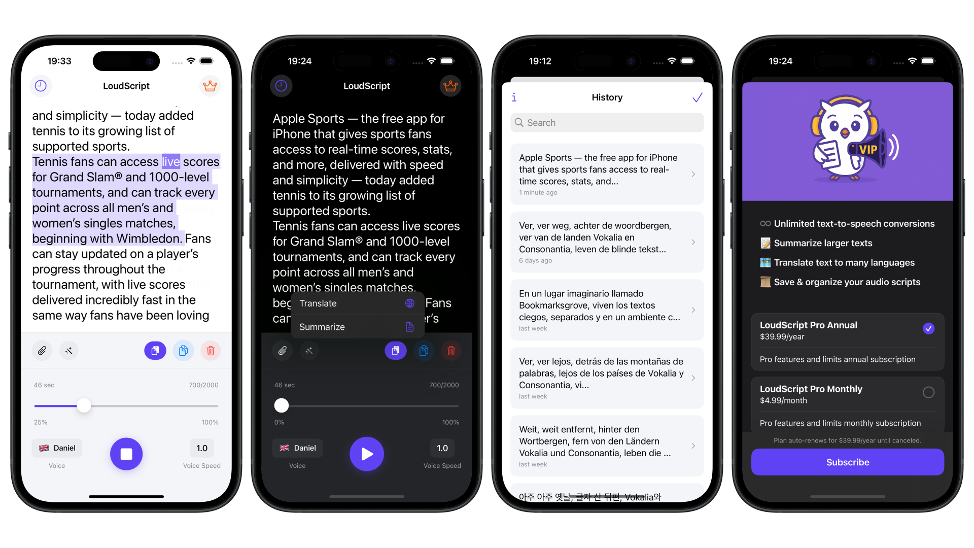 LoudScript app interface showing multiple screens